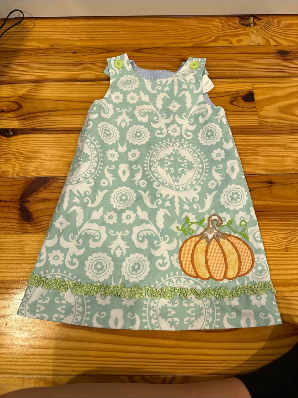 Kids Pumpkin Appliqué Dress - Light Teal & White reversible